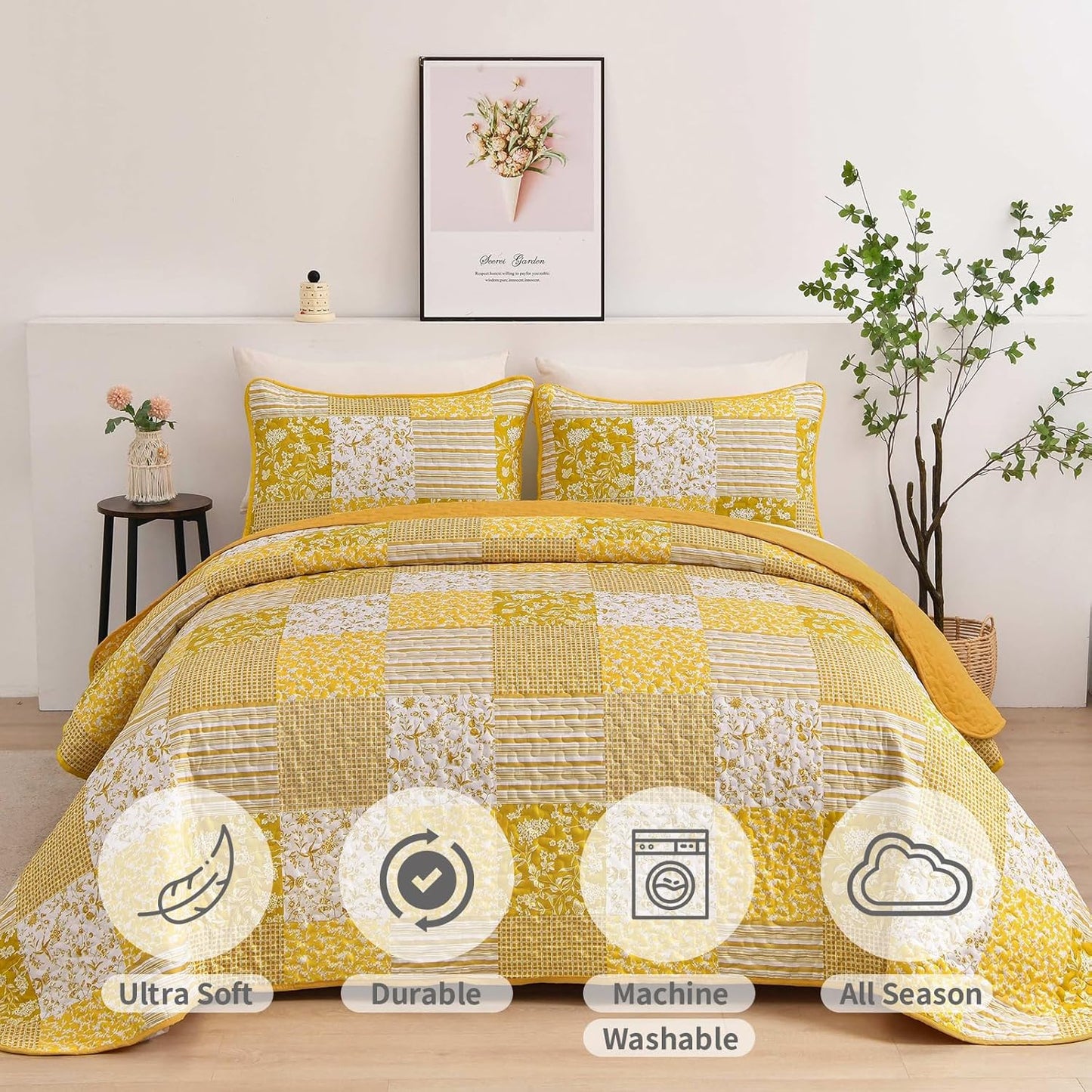 Mybedsoul Yellow Boho Quilt Set Queen Size,3 Pieces Plaid Floral Bedspread Coverlet Set Summer,Patchwork Reversible Bedding Set Queen 90"x96"