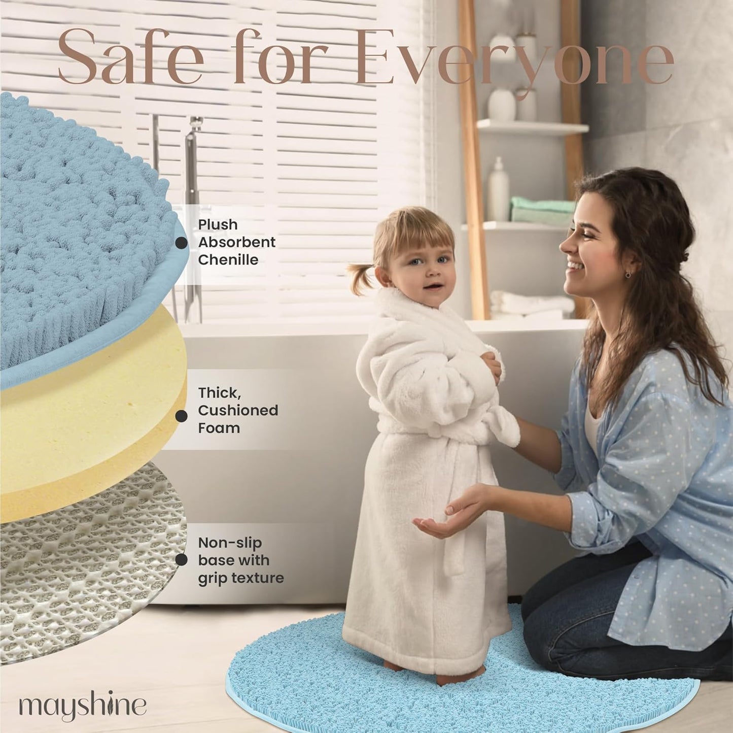 MAYSHINE Round Area Rug Set for Bathroom | Soft Plush Chenille Bath Mat, Water Absorbent Non-Slip Bathroom Rug | Washable Shag Carpet for Shower, Bedroom, or Home Décor | 48"x48" (Round) | Spa Blue'