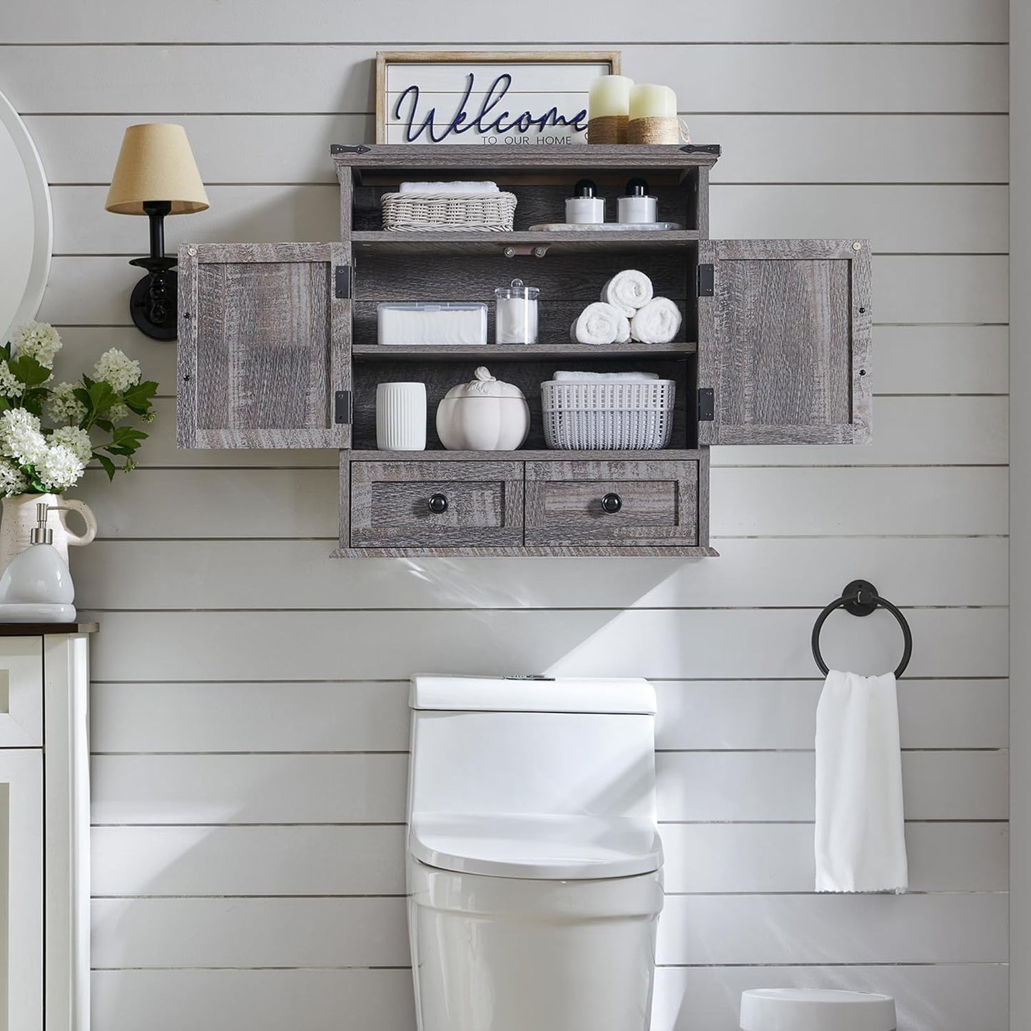 ACCOHOHO Bathroom Wall Cabinet, Farmhouse Medicine Cabinet, 24" Wide Cabinet with Drawer, Adjustable Shelf, Double Barn Doors, Storage Cabinet for Bathroom, Kitchen, Living Room, Grey Wash