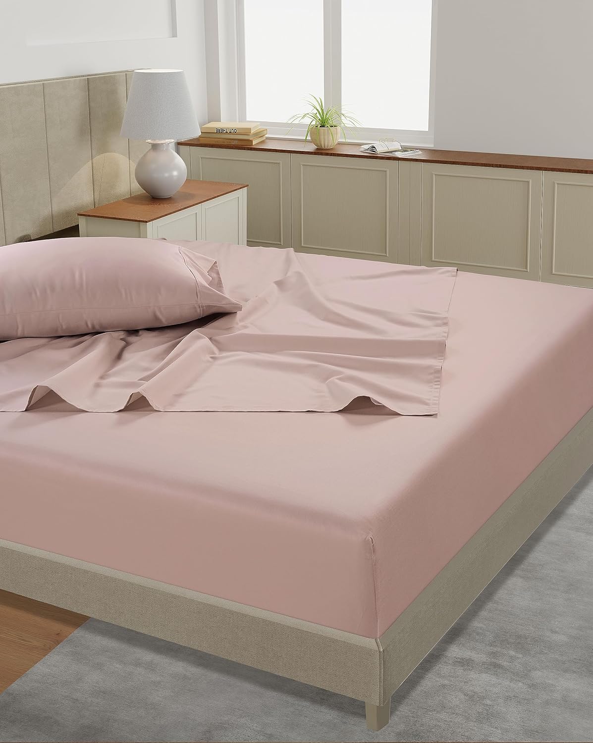 LANE LINEN Split King Sheets Sets – 450 Thread Count 100% Cotton Bed Sheets, Soft & Naturally Cooling, 15” Deep Pocket Fully Elasticized Fitted Sheet, Machine Washable Hotel Bedding, Sepia Rose