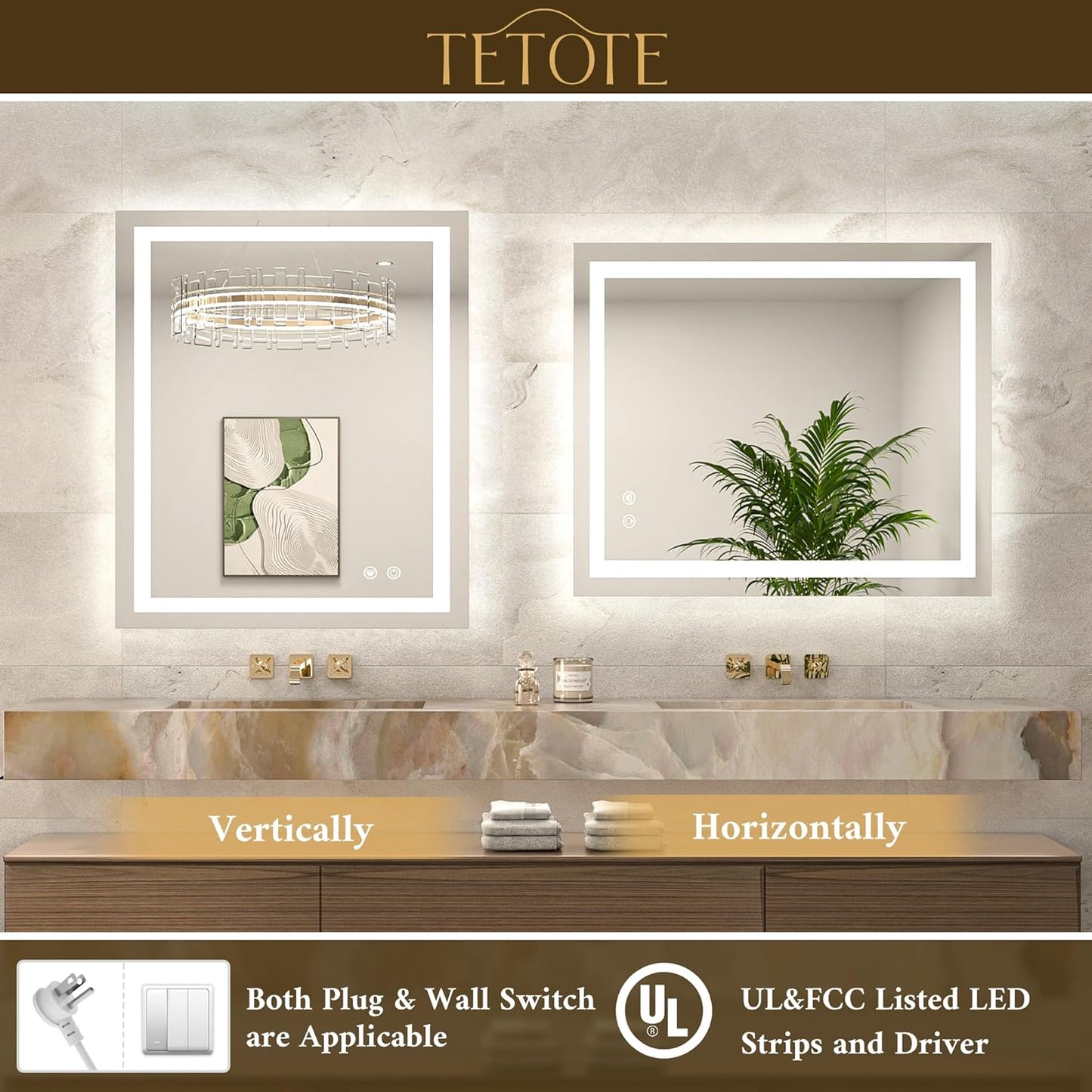 TETOTE 84 x 40 LED Lighted Bathroom Mirror with Lights Wall Mounted, Brighter Front and Backlit Led Vanity Mirror, 3-Color Dimmable Light up Anti Fog Mirror, Waterproof, Shatterproof Tempered Glass