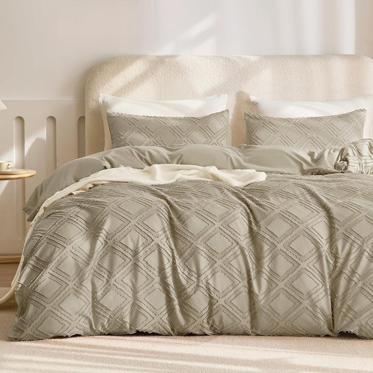 JELLYMONI Duvet Cover Twin Size Khaki - 3PCS Boho Duvet Cover Set Plaid Polyester Tufted Bohemian Jacquard Knit Textured Comforter Cover 68×90in Rhombic Geometric Pattern Corner Ties & Zipper
