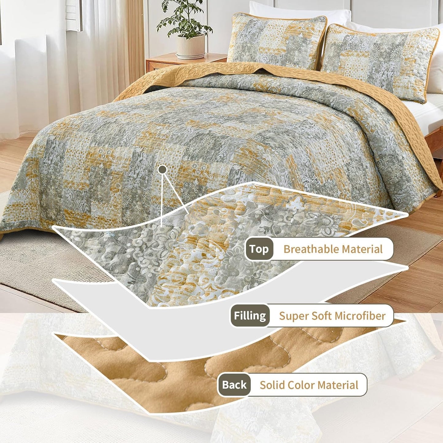 Mybedsoul Yellow Boho Quilt Set King Size 3 Pieces Grey and Yellow Plaid Floral Bedding Set Microfiber Lightweight Bohemian Patchwork Bedspread Coverlet Set for All Season 90"x104"