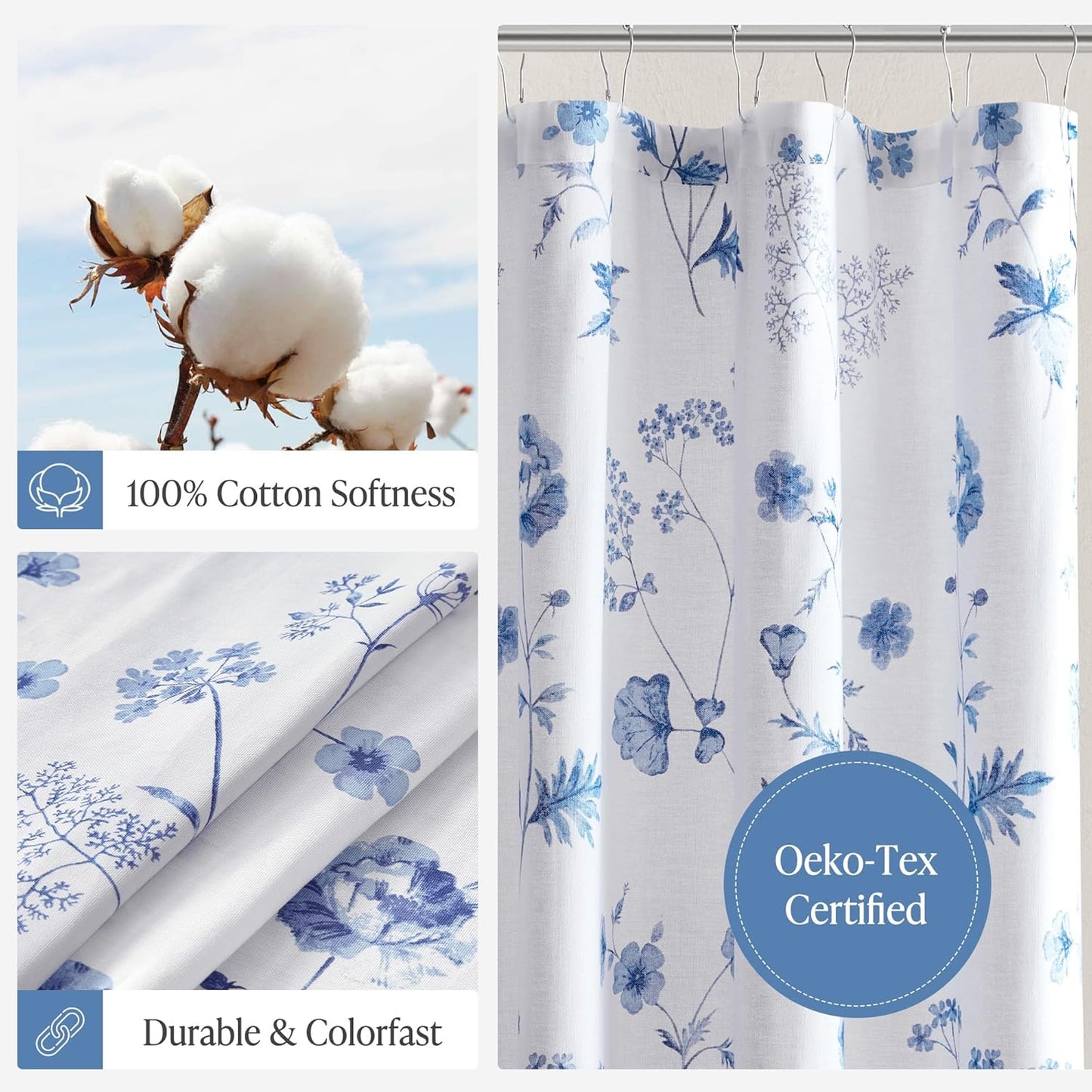 Martha Stewart Martha's Garden Shower Curtain Botanical Floral Print Cotton Shower Curtain for Bathroom, Spa Quality Modern Shower Curtains Standard Size, 72x72 Blue