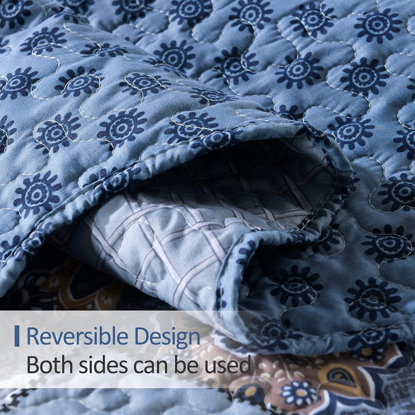 ENJOHOS Navy Blue Plaid Floral Quilt Set King Size 98"x106", 3 Pcs Boho Bedspread Coverlet Set for All Season, Patchwork Reversible Bedding Set King