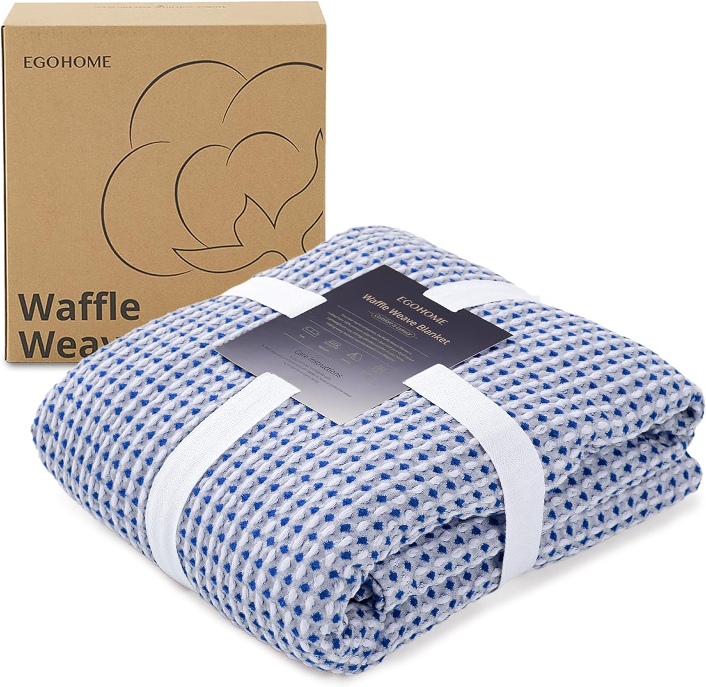 EGOHOME 100% Cotton Waffle Blanket Twin Size for Bed-Breathable and Lightweight,Soft Dual-Tone Textured Jacquard Waffle Weave Blankets for All Seasons,Navy Blue,60 x 80 Inches