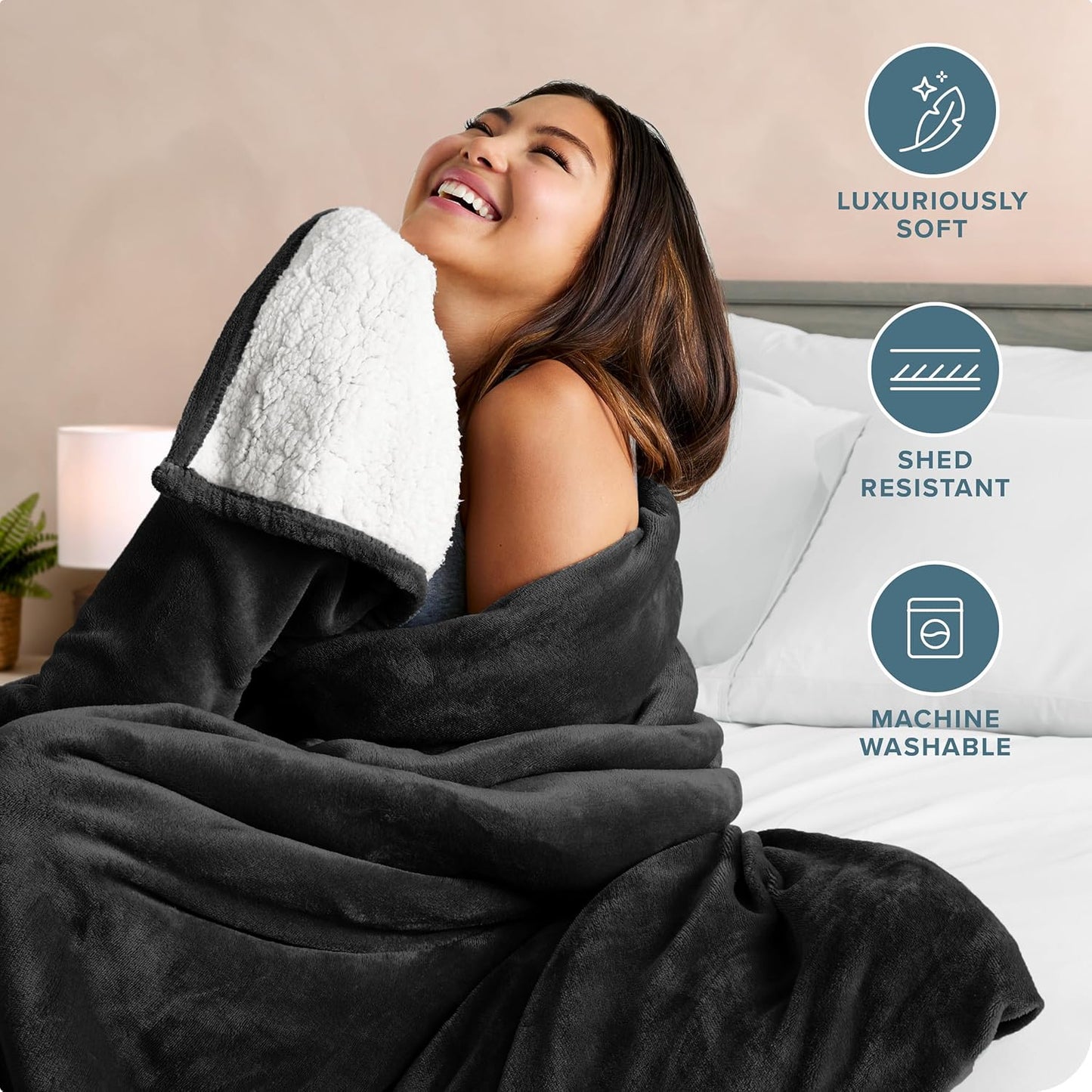 Bare Home Sherpa Fleece Blanket - Throw/Travel Size - Blanket for Bed, Sofa, and Couch - Warm & Lightweight - Fluffy & Soft - Reversible (Throw/Travel, Black)