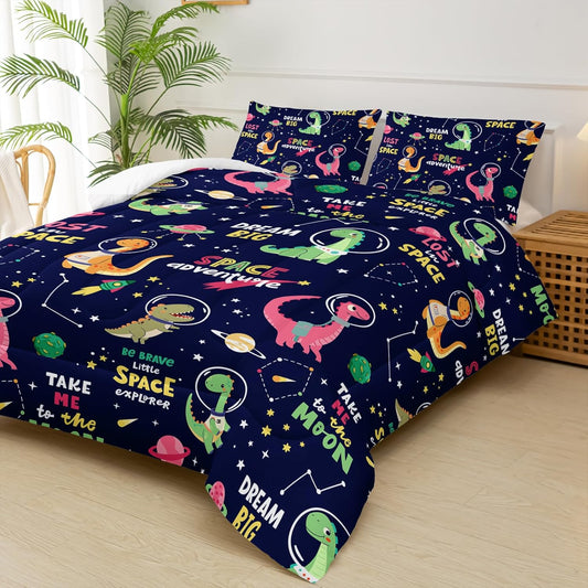 Dinosaurs in Space Twin Comforter Set，Twin Size Bedding Set for Boys Dinosaurs，with 1 Comforter with 2 Pillow Case