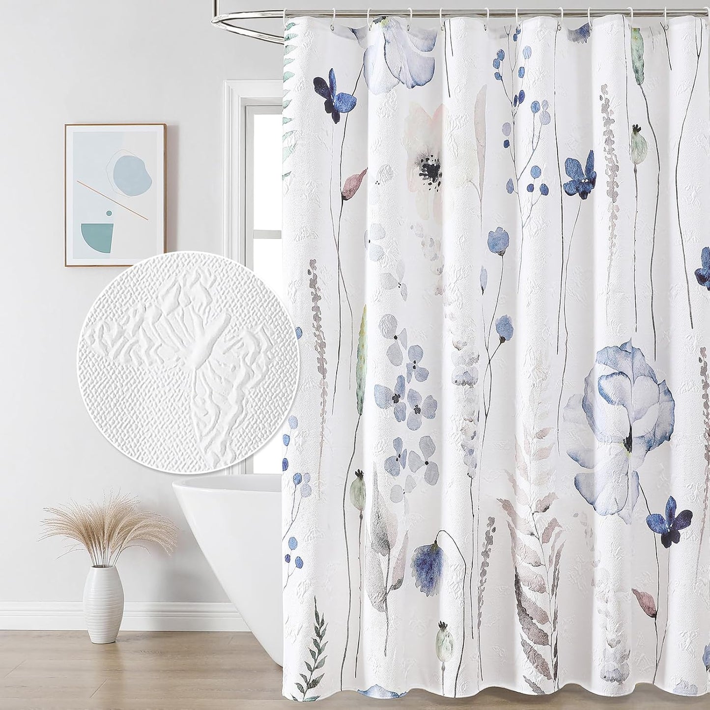 QiyI Watercolor Wildflowers Shower Curtain, Minimalist Grey Poppies Cloth Bath Curtain, Embossed Butterflies Botanical Flower Bathroom Curtain, Waterproof Fabric Shower Curtain Set with Hooks, 72x72