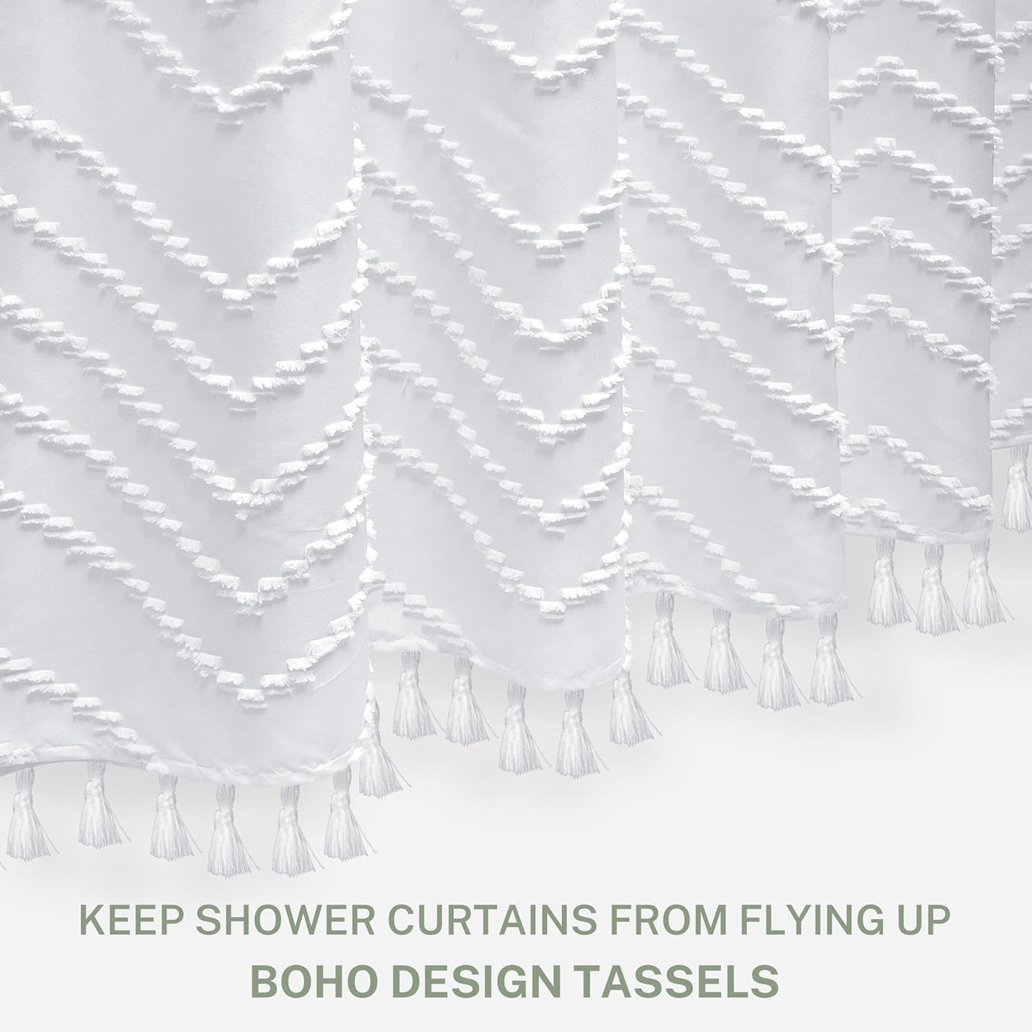 Boho Shower Curtain White Tassel Woven Fabric Shower Curtain 71 x 72 Modern Farmhouse Textured Tufted Chevron Striped Minimalist Bathroom Shower Curtains