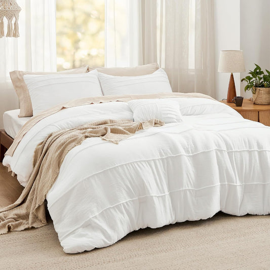 Bedsure King Comforter Set - 4 Pieces Pinch Pleat Bed Set, White Boho Bedding for All Season, 1 Soft Comforter, 2 Pillowcases, 1 Decorative Pillow