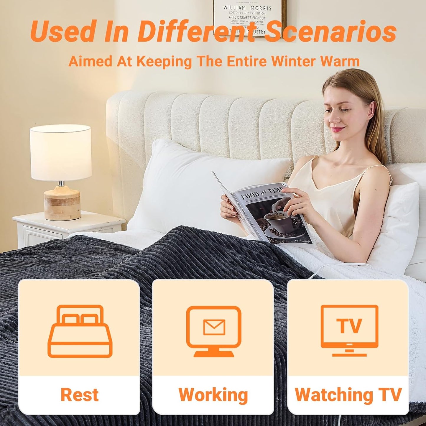 Heated Blanket Electric Queen, Soft Flannel Heating Blanket with 8 Hours Auto Off 10 Fast Heating Levels Machine Washable Sherpa Heated Blanket with Overheating Protection