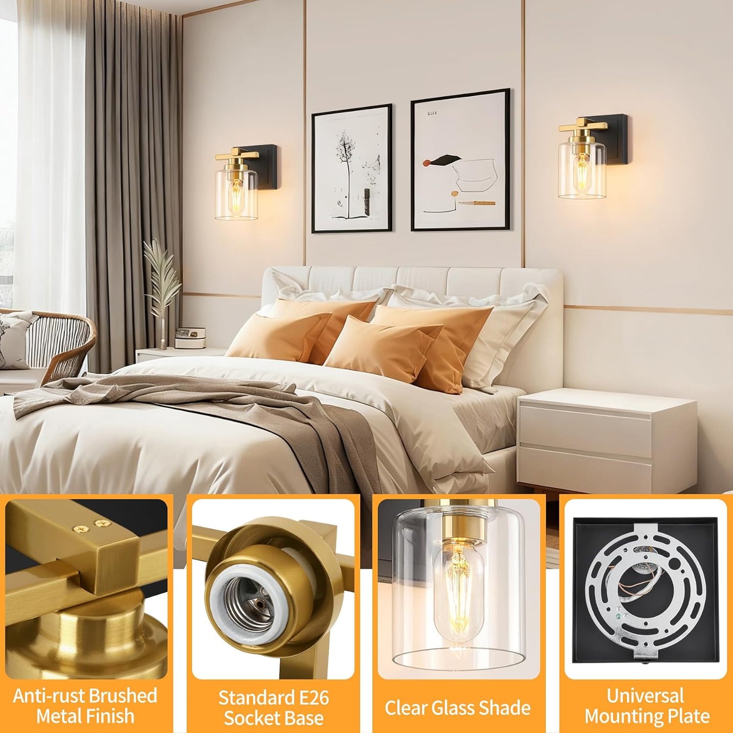 1 Light Modern Bathroom Light Fixtures Over Mirror, Black Gold Vanity Lights for Bathroom Wall Sconces with Clear Glass Shades, E26 Socket (Bulbs Not Included)