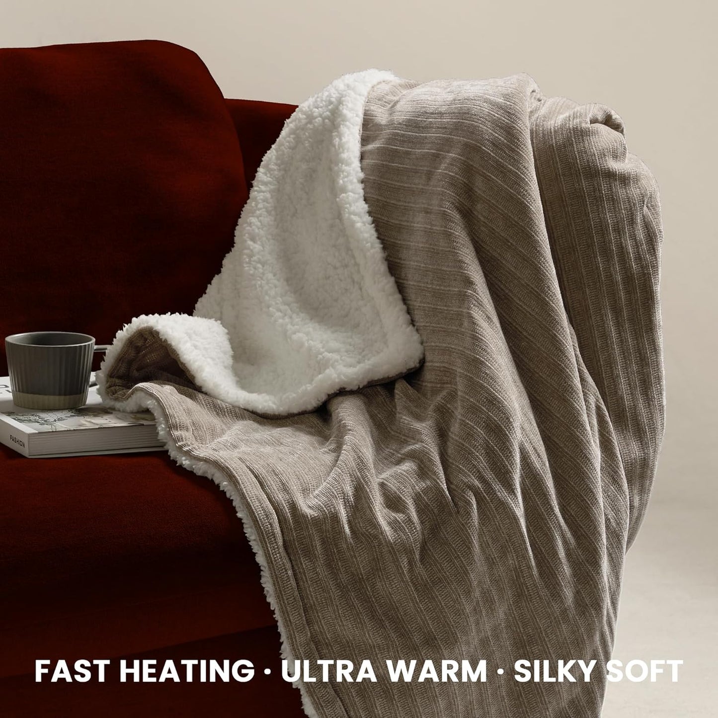 Heated Throw Blanket, 50"x60"Ultra Soft Cozy Chenille Electric Blanket with 10 Heating Levels & 2-10H Auto-Off, Fasting Heating for Couch/Bed, ETL Certified, Machine Washable(Khaki)