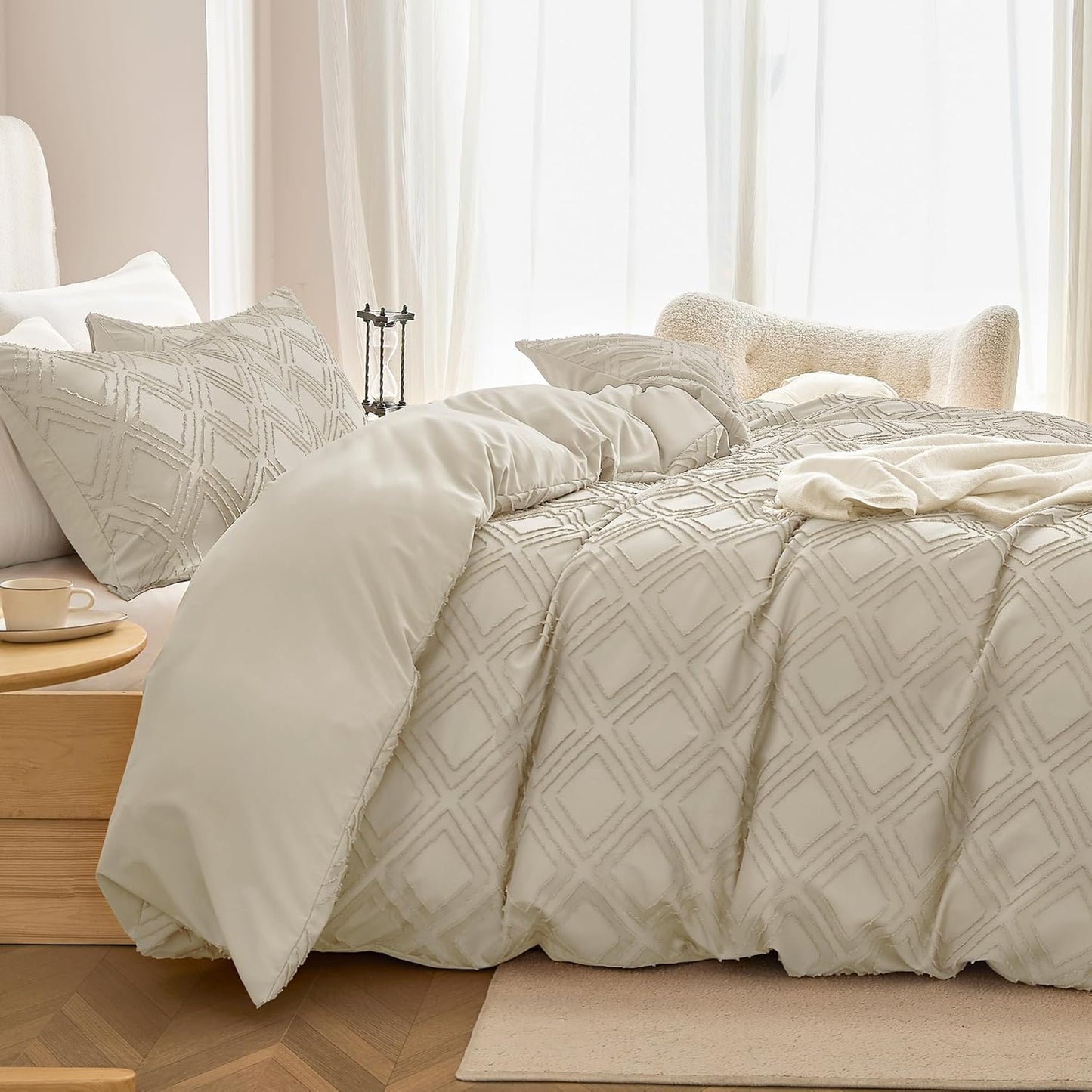 JELLYMONI Duvet Cover King Size Light Khaki - 3PCS Boho Duvet Cover Set Plaid Polyester Tufted Bohemian Jacquard Knit Textured Comforter Cover 104×90in Rhombic Geometric Pattern Zipper Corner Tie