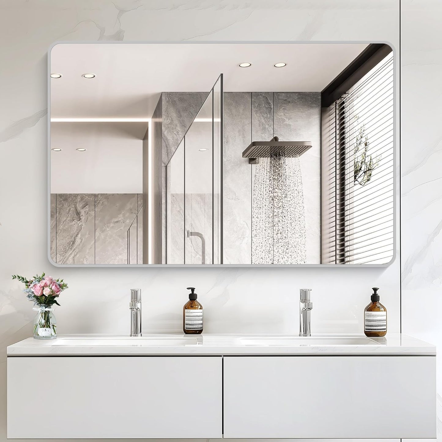 55x36 Inch Silver Bathroom Mirror, Large Rectangular Vanity Mirror, Metal Framed Rectangle Mirror, Rounded Corner Wall Mounted Mirrors for Living Room Bedroom Entryway Horizontal or Vertical