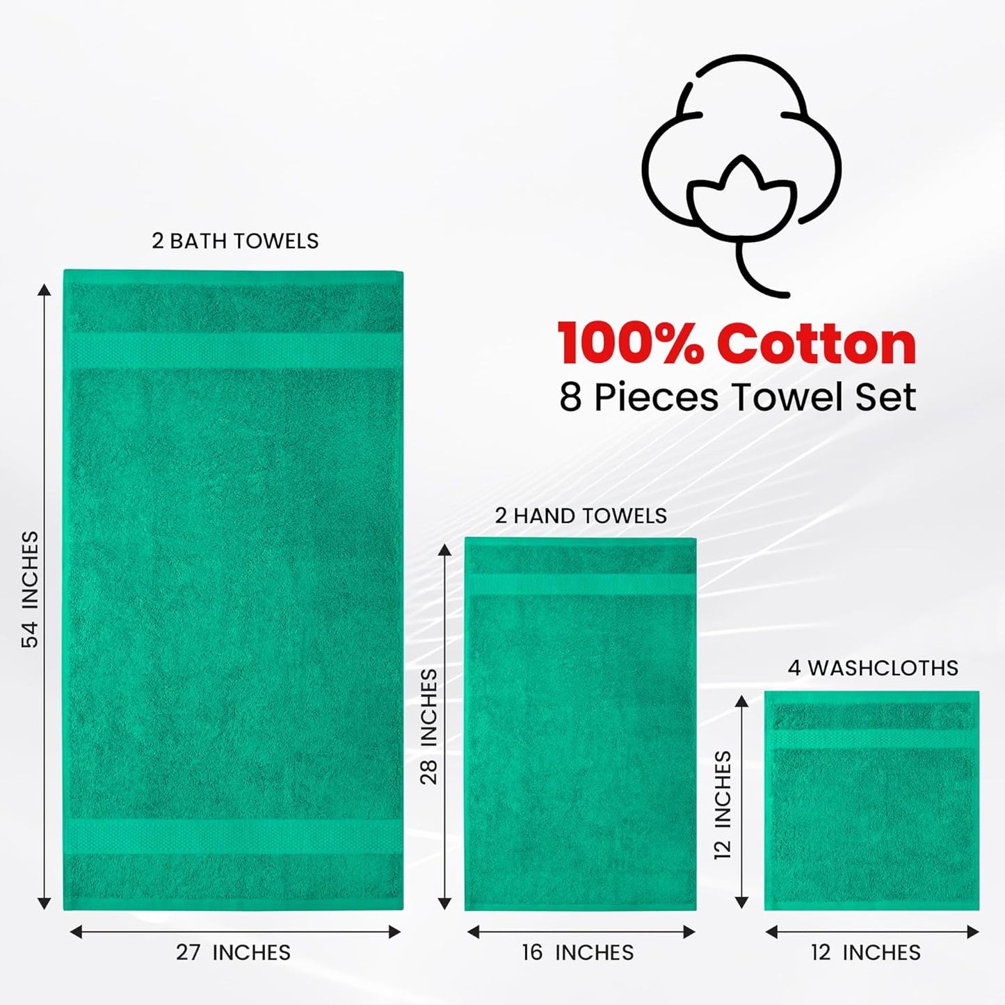 Infinitee Xclusives Luxury 100% Cotton Towel Set – 8 Piece Bathroom Towel Set (2 Bath Towels, 2 Hand Towels, 4 Washcloths) – Soft & Absorbent Towels for Bathroom (Vivid Green)