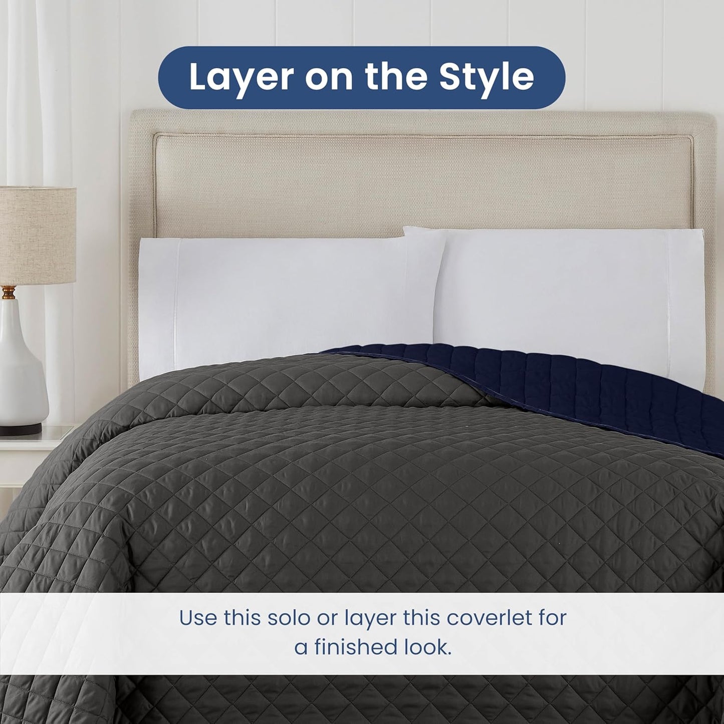 Martex Reversible Coverlet – Full Queen Size Quilt - Lightweight Quilt Full Size Bedding– Durable Queen Size Coverlet for Bed – Soft - Easy Care Bedding – Graphite/Navy