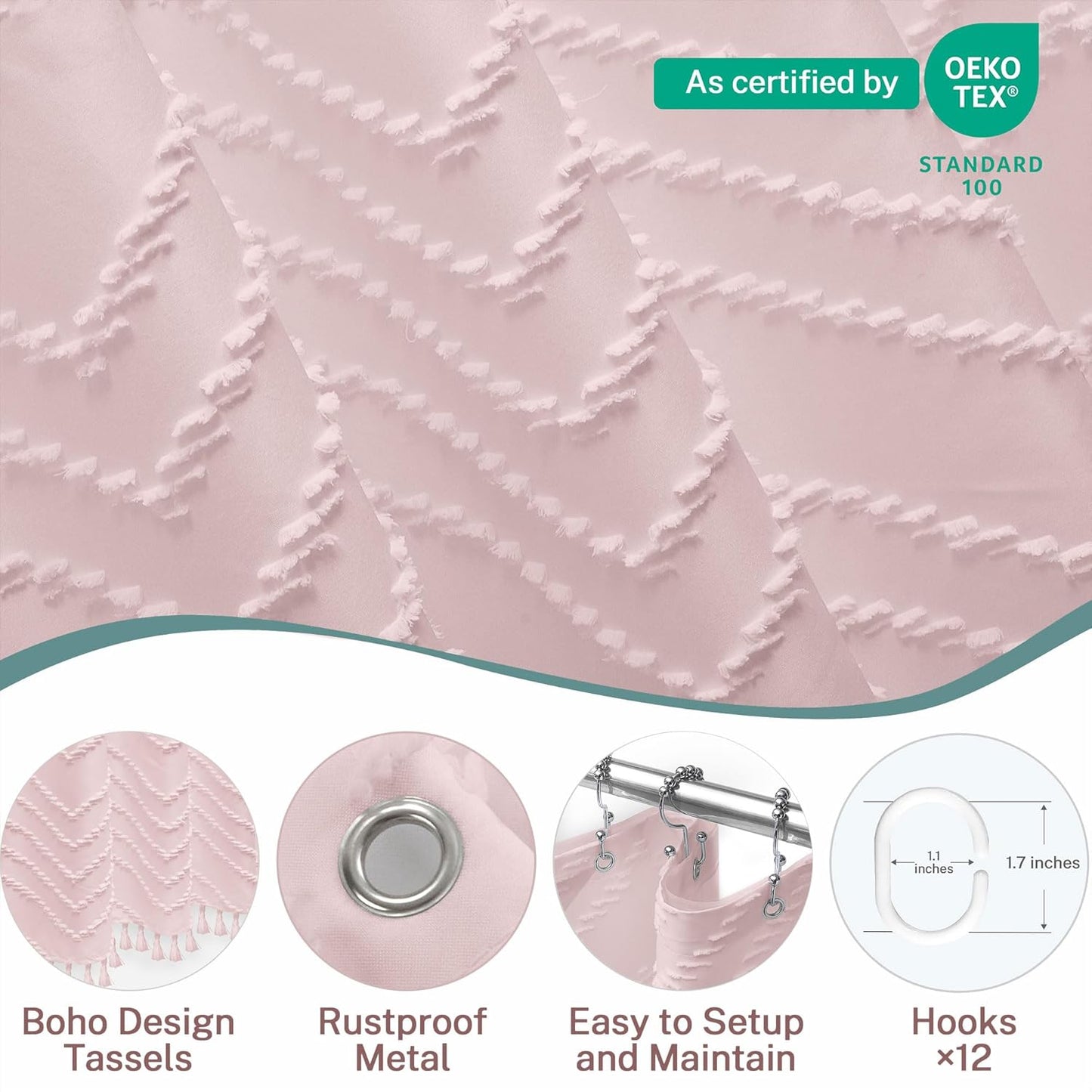 Extra Long Shower Curtains 72 x 84 Inches Tufted Chevron Pink Shower Curtains Fabric for Bathroom Modern Shabby Chic Waterproof Cloth Shower Curtain