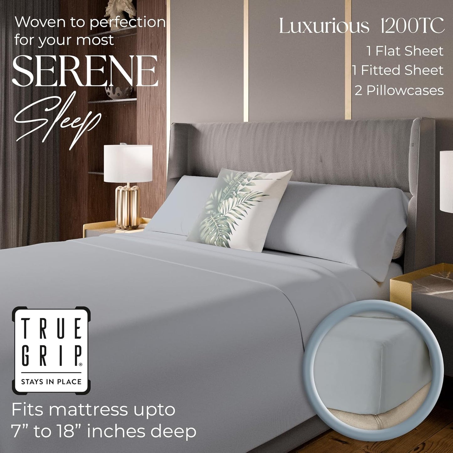 1200 Thread Count Cotton Rich Full Light Gray Sheets Set, Ultra Soft & Silky Luxury Sateen Bed Sheet, Moisture Wicking & Wrinkle Resistant (1 Flat Sheet, 1 Fitted Sheet & 2 Pillowcases)