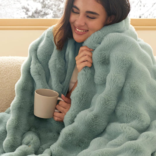 Bedsure GentleSoft Fluffy Faux Fur Throw Blanket, Fuzzy Soft Bubble Blanket for Couch, Faux Fur Decor for Home Bedroom Living Room, Thick Furry Cozy Gifts for Women, Sage Green, 50x60 Inch