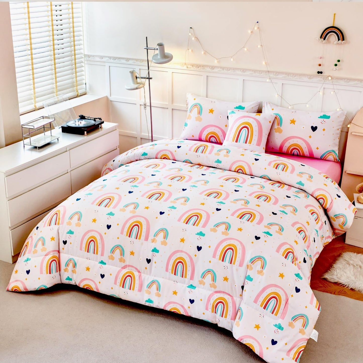 ANGIYUIN 6 Pieces Multi-Color Rainbow Full Bedding Set for Girls Kids Cute Cloud and Love Hearts Girls Comforter Set Soft Microfiber Kid Bed in a Bag with Comforter, Sheets, Pillowcases