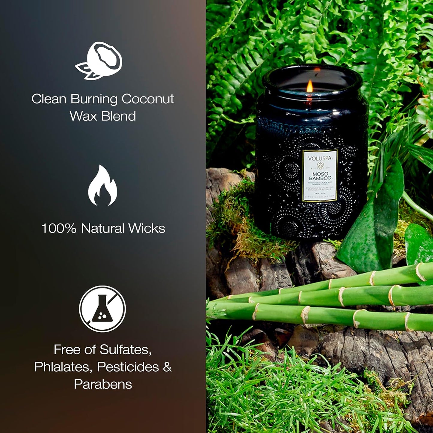 Voluspa Moso Bamboo, Large Candle Jar, 18 ounce, 100 Hour Burn Time, Coconut Wax for Clean Burning, Handcrafted in the USA