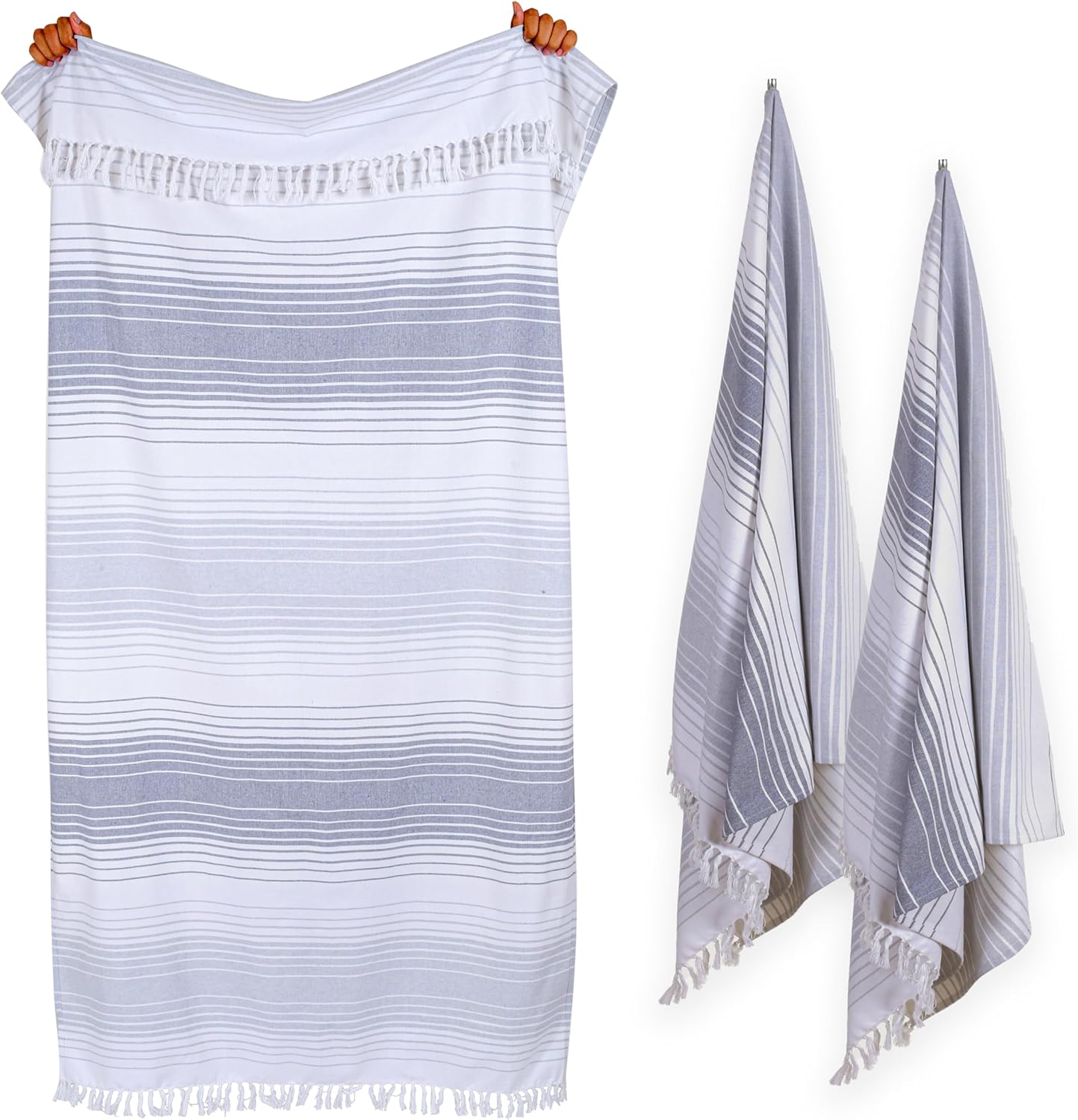 Native Fab 100% Cotton Peshtemal Turkish Bath and Beach Towels Set of 2, Large 40x71 Travel Sarong Gym Pool Spa Towels, Ultra Soft Quick Dry Absorbent Fouta Hammam Peshtemal Towels Grey White