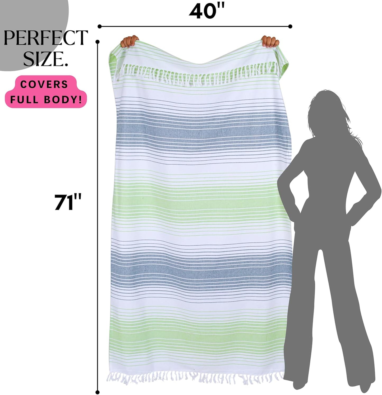 Native Fab Oversized Beach Towel, 4 Pack, 40x71 inches 100% Cotton Turkish Peshtemal for Adults,Soft & Absorbent, Extra Large Beach Towel for Hammam Spa Beach Blanket Bath, Cabana Strips, Green White