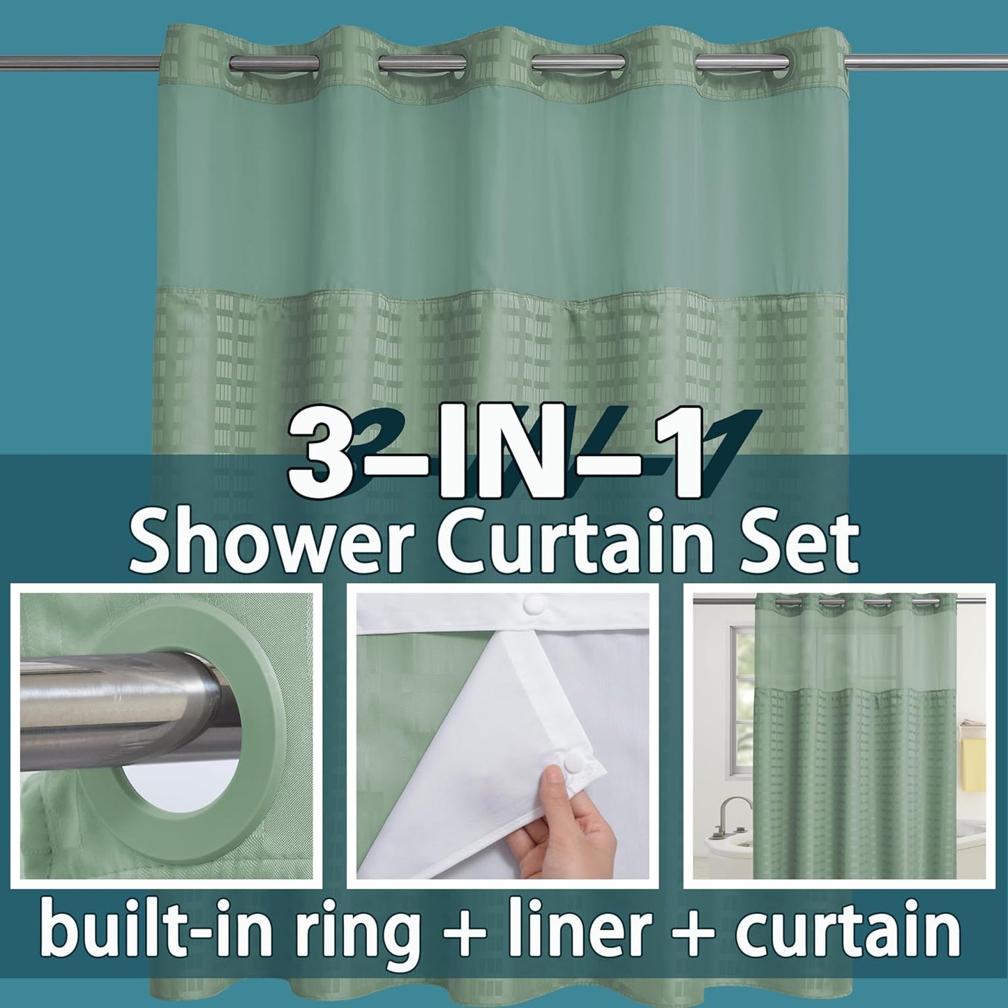 Conbo Mio No Hook Sage Green Shower Curtain with Snap in Liner Set, Hotel Luxury Shower Curtains for Bathroom with See Through Top Window, Waterproof, Washable 71W x 74H