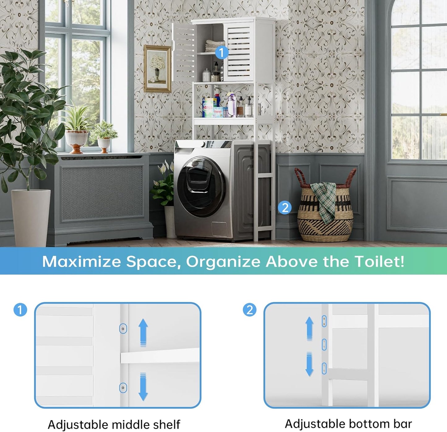 SMIBUY Bathroom Over The Toilet Storage Cabinet, 2 Door Bamboo Cabinet Organizer, Freestanding Space Saver Toilet Rack with Adjustable Inside Shelf and Open Shelf (White)