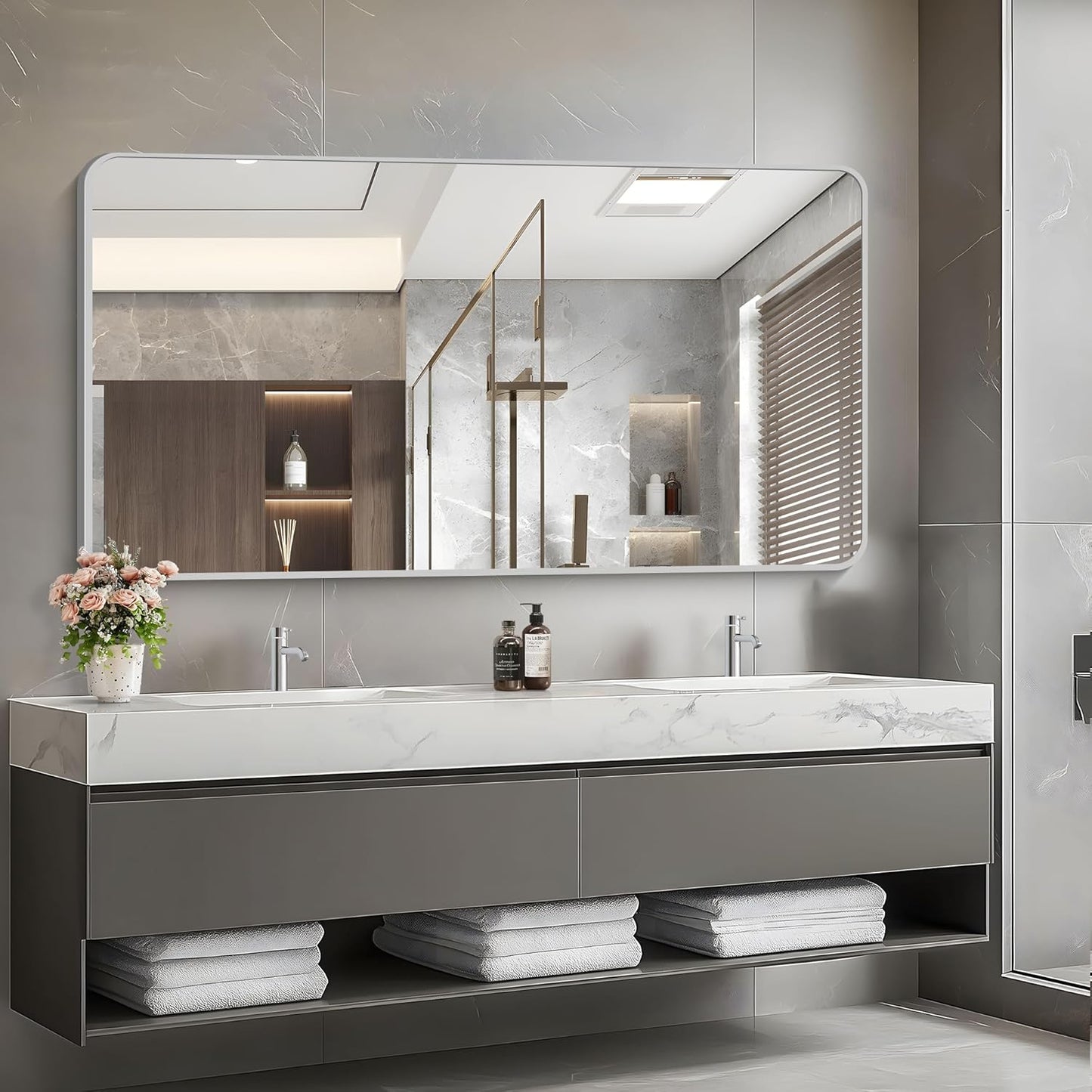 55x30 Inch Silver Bathroom Mirror, Large Rectangular Vanity Mirror, Metal Framed Rectangle Mirrors, Rounded Corner Wall Mounted Mirrors for Living Room Bedroom Entryway Horizontal or Vertical