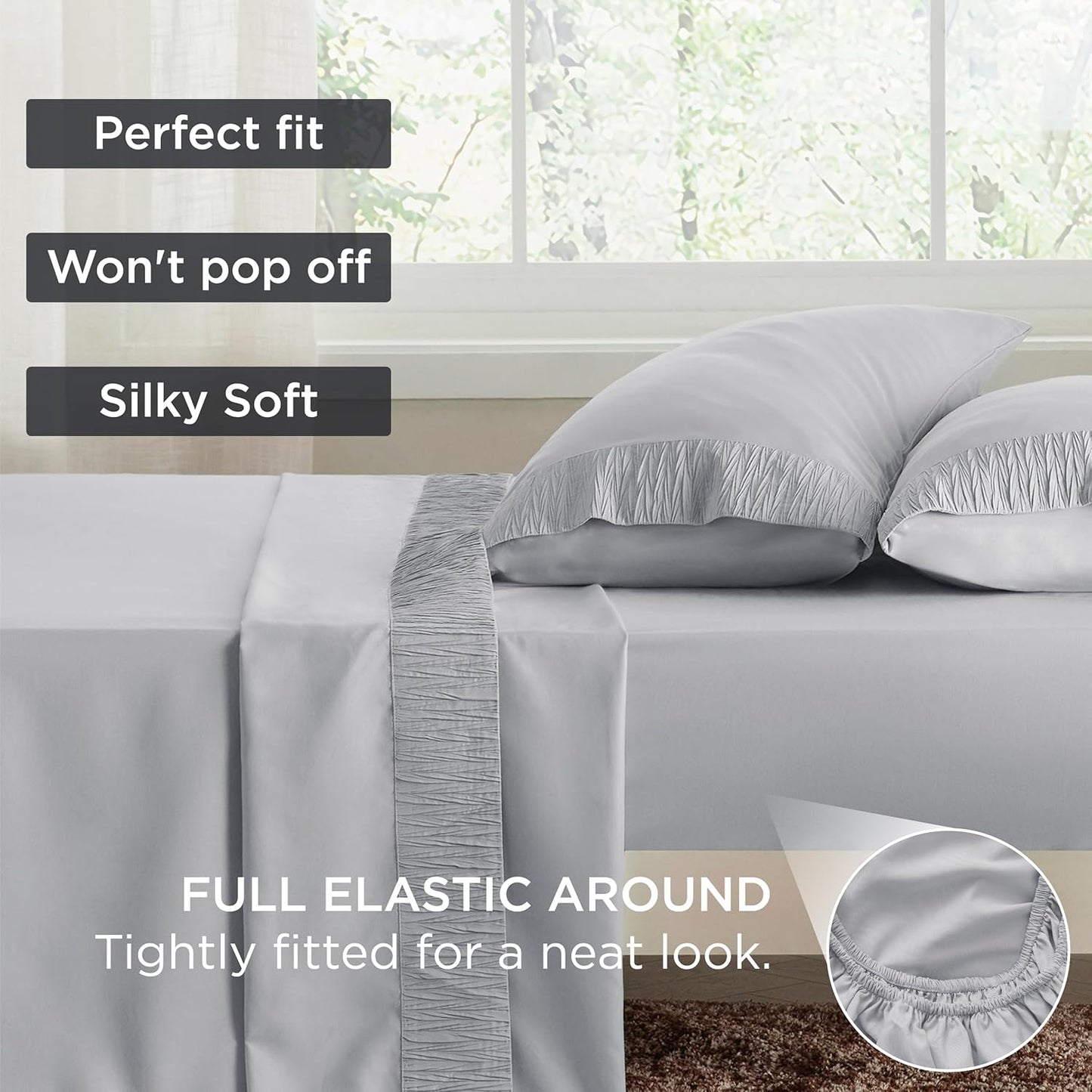 Bedsure Queen Sheet Set - 4 Pieces Soft Queen Size Sheets - Breathable & Cooling - Hotel Luxury - Easy Care Polyester Microfiber Bedding for Women, Men, Light Grey