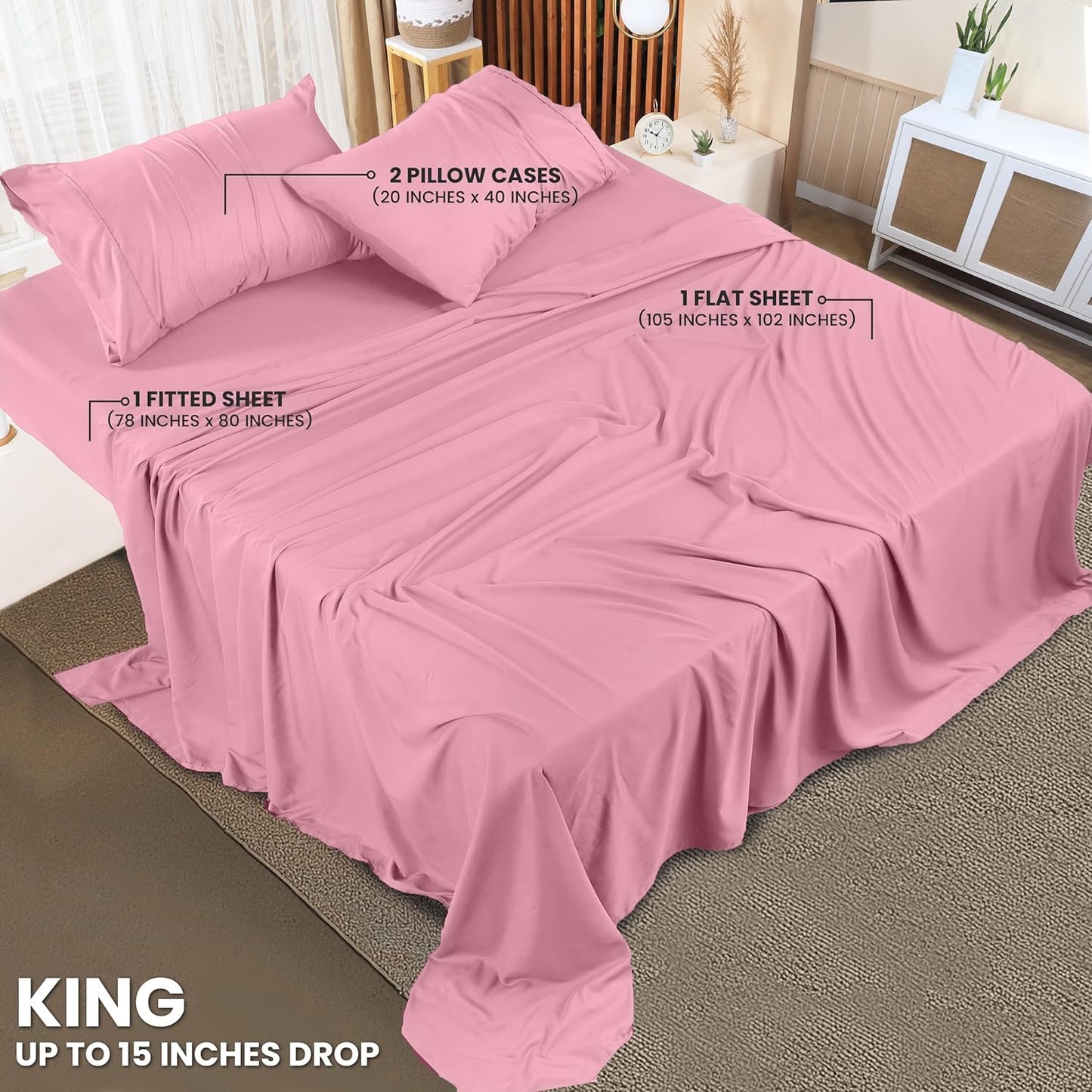 Utopia Bedding King Bed Sheets Set - 4 Piece Bedding - Brushed Microfiber - Shrinkage and Fade Resistant - Easy Care (Crystal Pink)