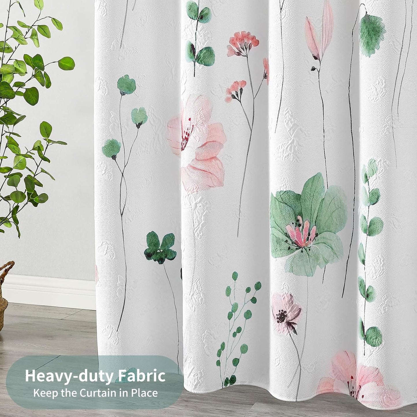 QiyI Watercolor Floral Shower Curtain, 3D Embossed Butterflies Sage Green Botanical Bathroom Curtain, Pink Flowers Cloth Bath Curtain, Waterproof Fabric Textured Shower Curtain Set with Hooks, 72x72