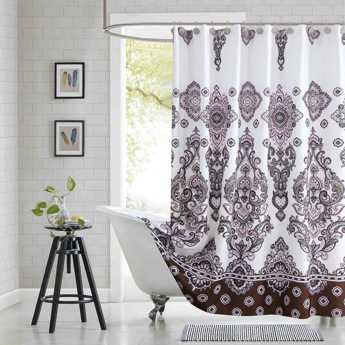 Luxury Shower Curtain, White Bath Curtain with Baroque Brown & Pink Paisley Medallion Print, Waterproof Soft Polyester Fabric, 72" W x 72" H