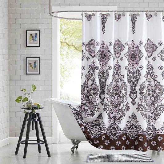 Extra Long Shower Curtain, White Baroque Bath Curtain with Brown & Pink Paisley Medallion Print, Waterproof Luxury Fabric, 72" W x 84" H