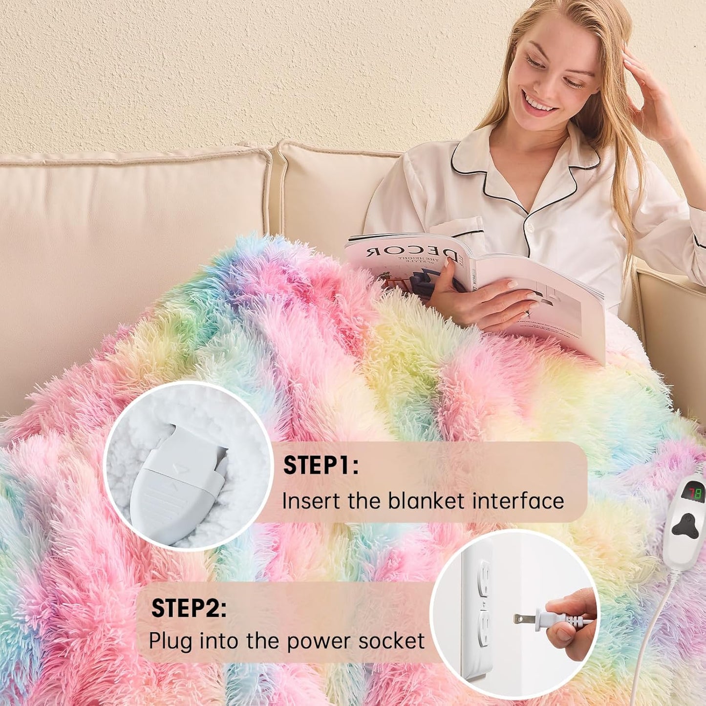 Heated Electric Blanket Throw,Warm Winter Birthday Gifts for Women Her Grandma-Faux Fur with Soft Sherpa,10 Heat Settings,5 Time Settings with Fast Heating, 50x60, Rainbow