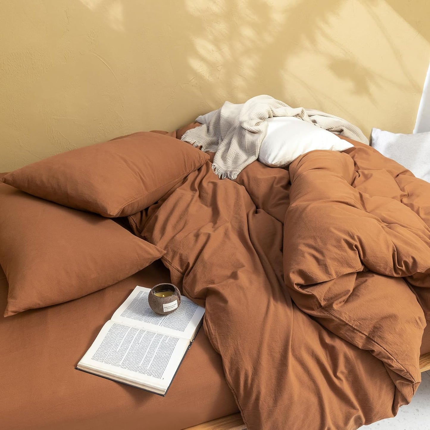 FOSSA Linen Duvet Cover Set 100% Washed Cotton Linen Feel Super Soft Breathable Cozy Simple Style 3 Pieces Bedding Sets Solid Dark Orange Queen