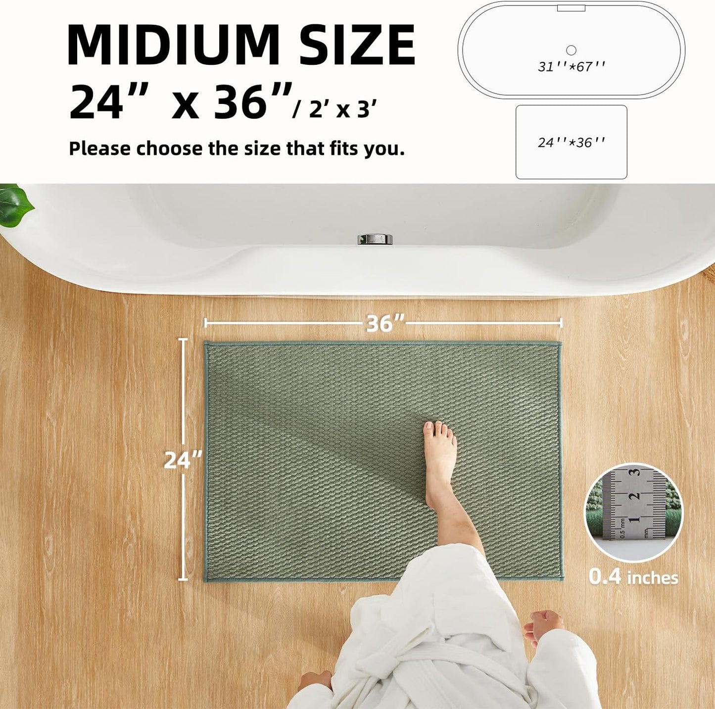 Bathroom Rugs Non Slip Washable, Super Absorbent Thin Bath Mat Quick Dry Low Pile Bathroom Rug, Sage Green 24"x36"