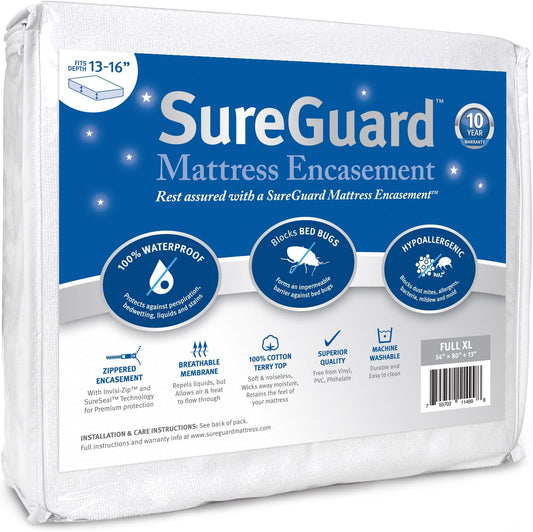 Full XL (13-16 in. Deep) SureGuard Mattress Encasement - 100% Waterproof, Bed Bug Proof, Hypoallergenic - Premium Zippered Six-Sided Cover