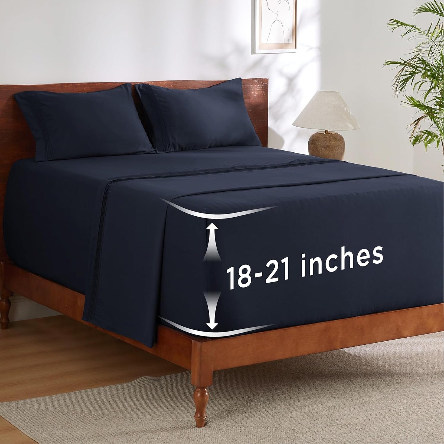 Bedsure Deep Pocket Queen Sheets Set - Fits Mattresses Up to 21 Inches Thick - 4 Piece GentleSoft Bed Sheets, Moisture Wicking, Soft & Cooling Bedsheet & Pillowcases, Easy & Secure Fit, Navy