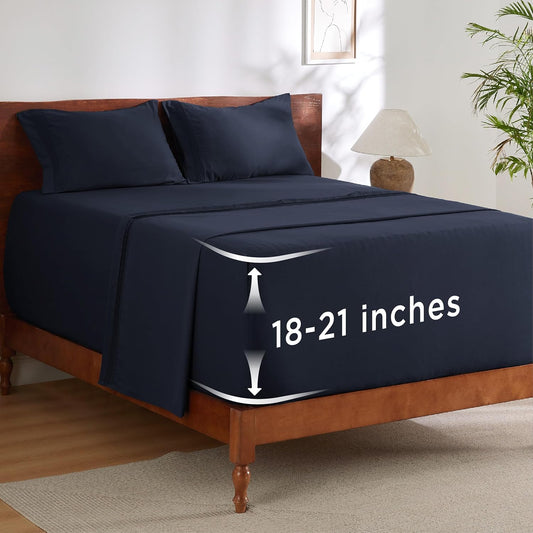 Bedsure Deep Pocket Queen Sheets Set - Fits Mattresses Up to 21 Inches Thick - 4 Piece GentleSoft Bed Sheets, Moisture Wicking, Soft & Cooling Bedsheet & Pillowcases, Easy & Secure Fit, Navy