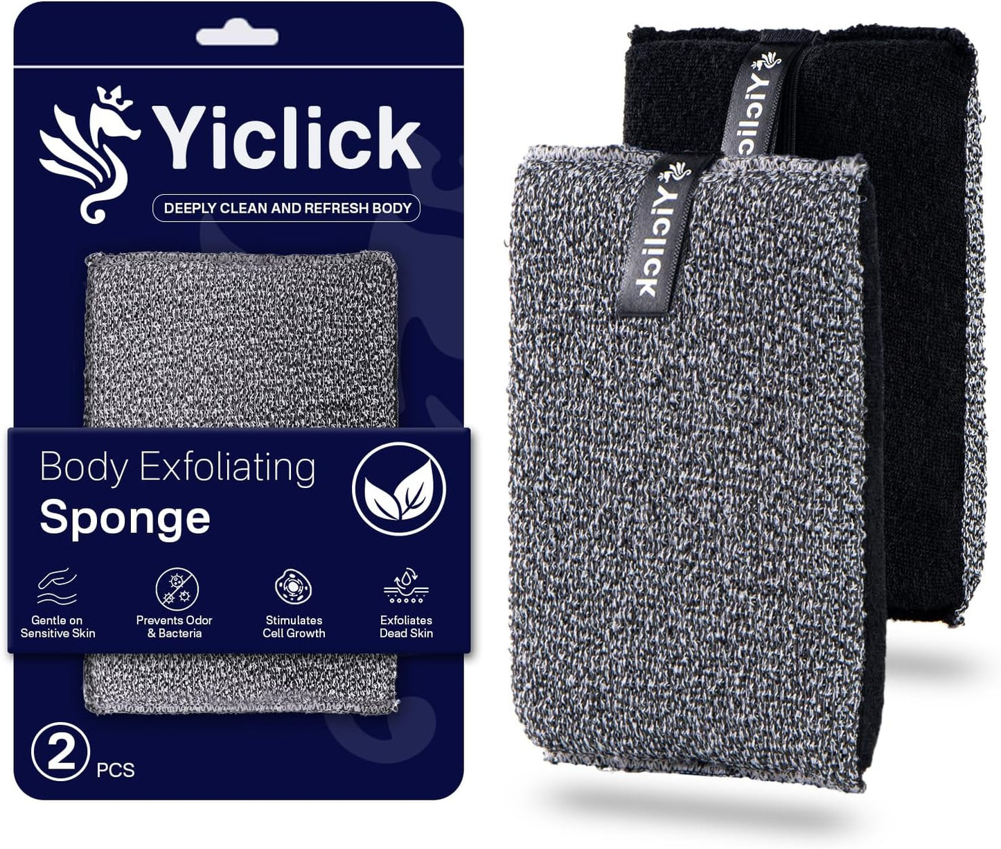 Yiclick Exfoliating Body Scrubber Exfoliator 2 Pack - Exfoliating Sponge, Shower Bath Sponge Loofah with Handle, Body Scrub Lufas Washcloth Net Brush, Dead Skin Remover for Body(Rectangle)
