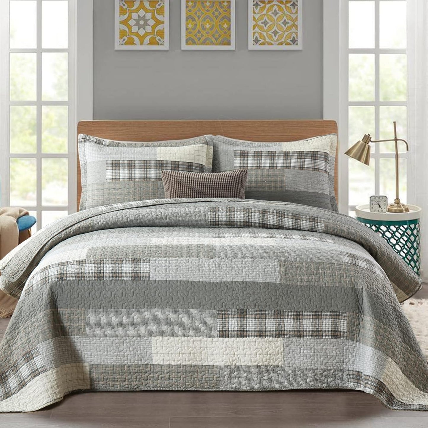 Y-PLWOMEN Quilt King Size - 100% Cotton Grey King Quilt Farmhouse Plaid Quilted Bedspread, 3 Pieces Lightweight Reversible King Size Quilt Bedding Set for All Season