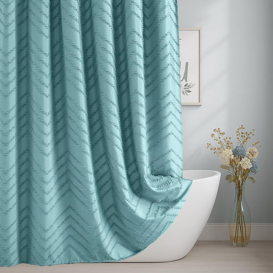 78inches Long Teal Shower Curtain Boho Farmhouse Shower Curtain 72 x 78 Tufted Chevron Textured Minimalist Shower Curtains for Bathroom