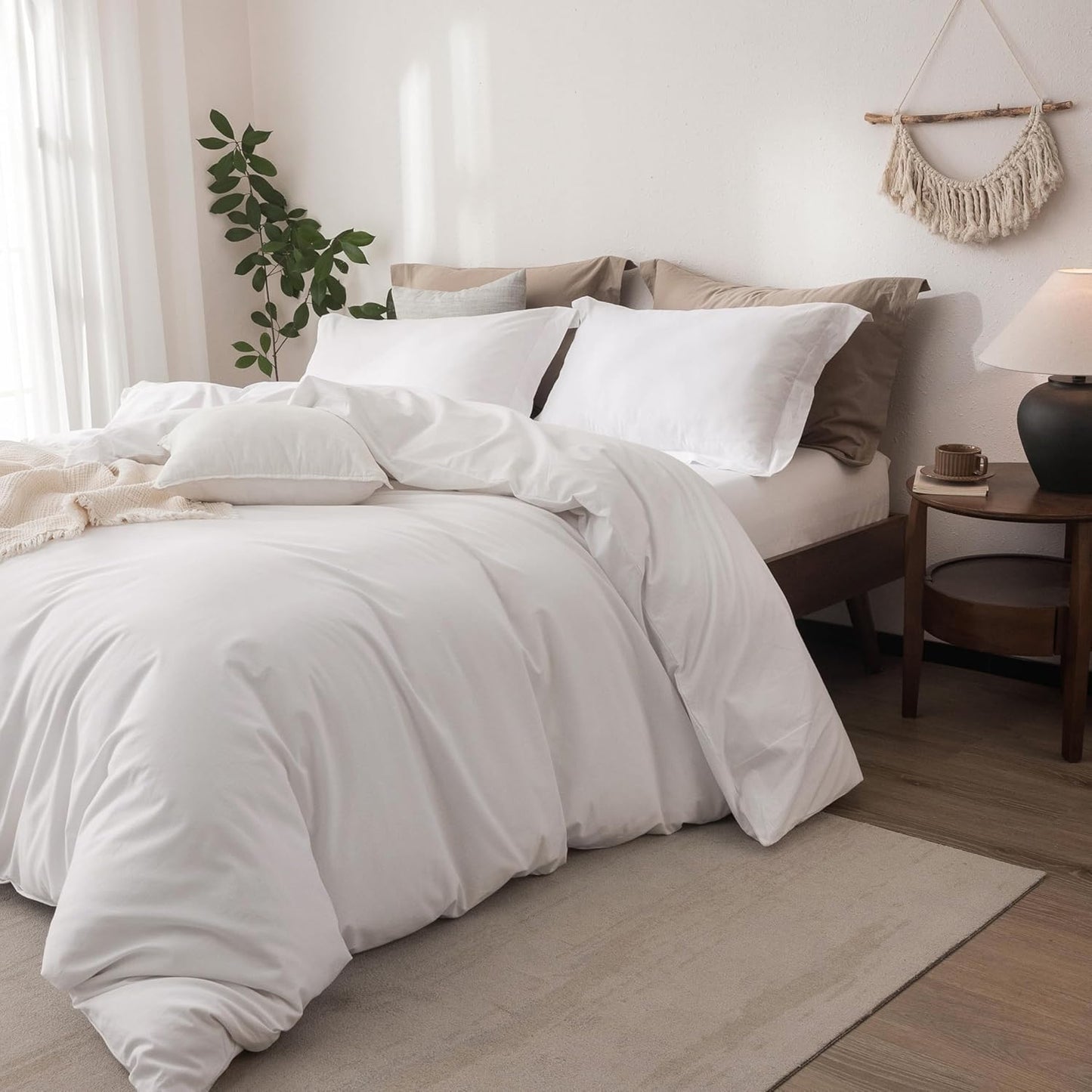 Linen Feel Duvet Cover King Size 104inch x 90inch,100% Washed Cotton Duvet Cover with Zipper Closure and 2 Pillowcases, Color of Bright White