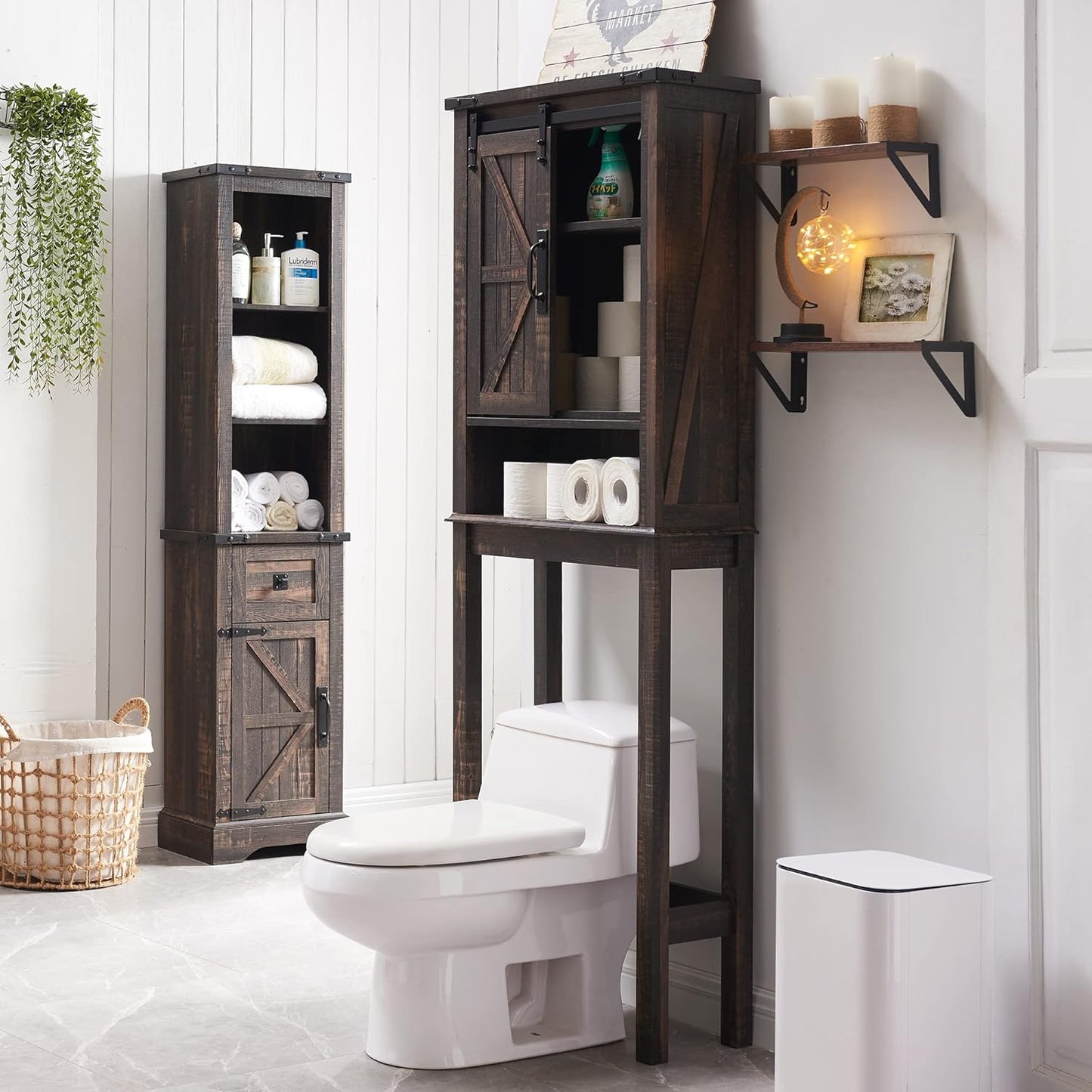 RedLemon Farmhouse Over The Toilet Storage Cabinet Set of 2, 68" Tall with Sliding Barn Doors & Adjustable Shelves, Rustic Above Toilet Storage Cabinet, Dark Rustic Oak