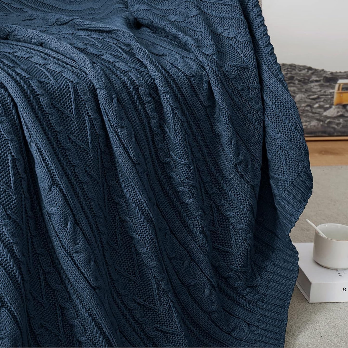Aormenzy Navy Blue Cable Knit Throw Blanket Queen Size for Bed Couch Sofa, Super Soft Cozy Knitted Blanket 90" x 90" Bed Blankets Full Size