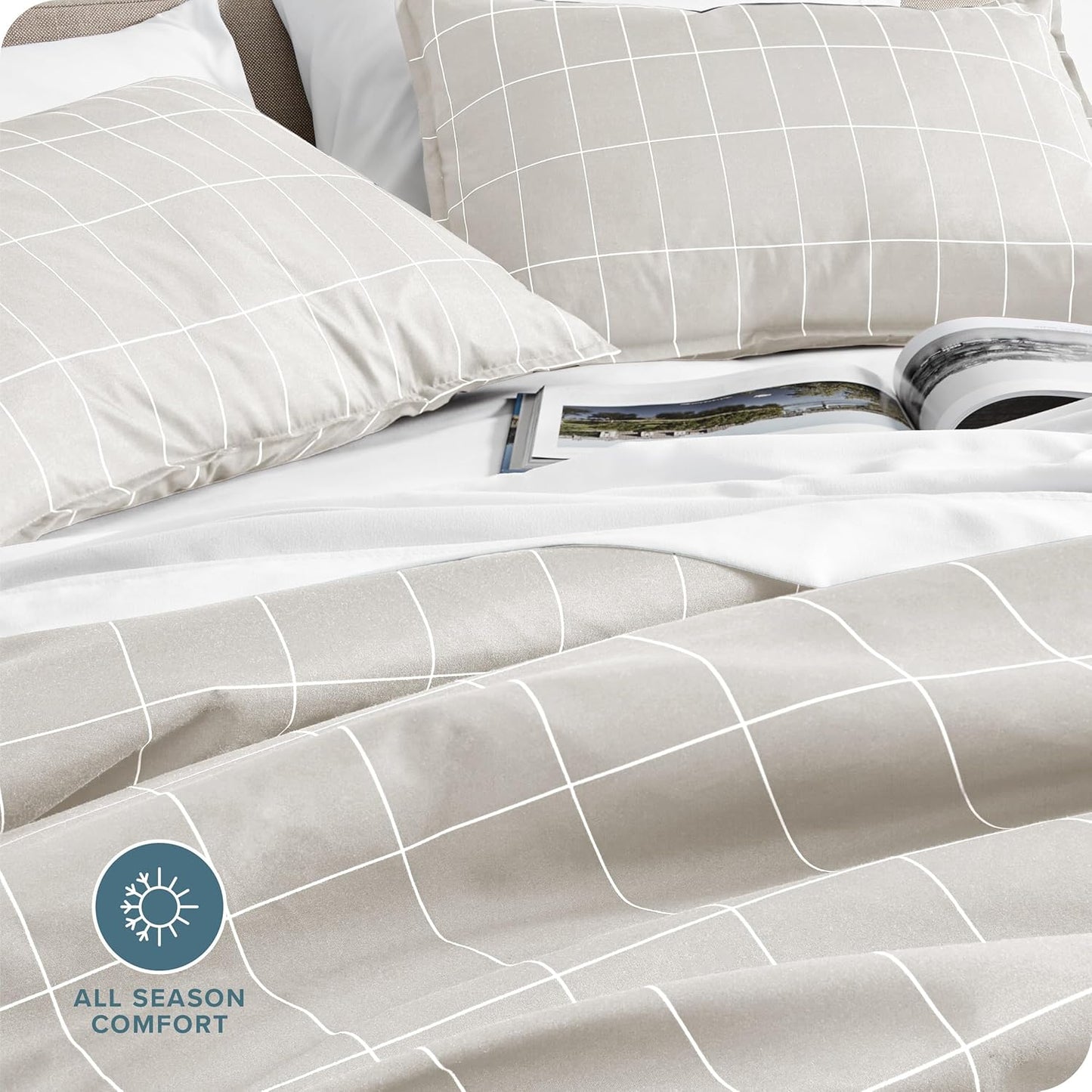 Bare Home Bedding Duvet Cover Extra Long - Premium 1800 Super Soft Collection - Lightweight, Duvet Cover - Soft Textured (Twin/Twin XL, Grid - Stone/White)